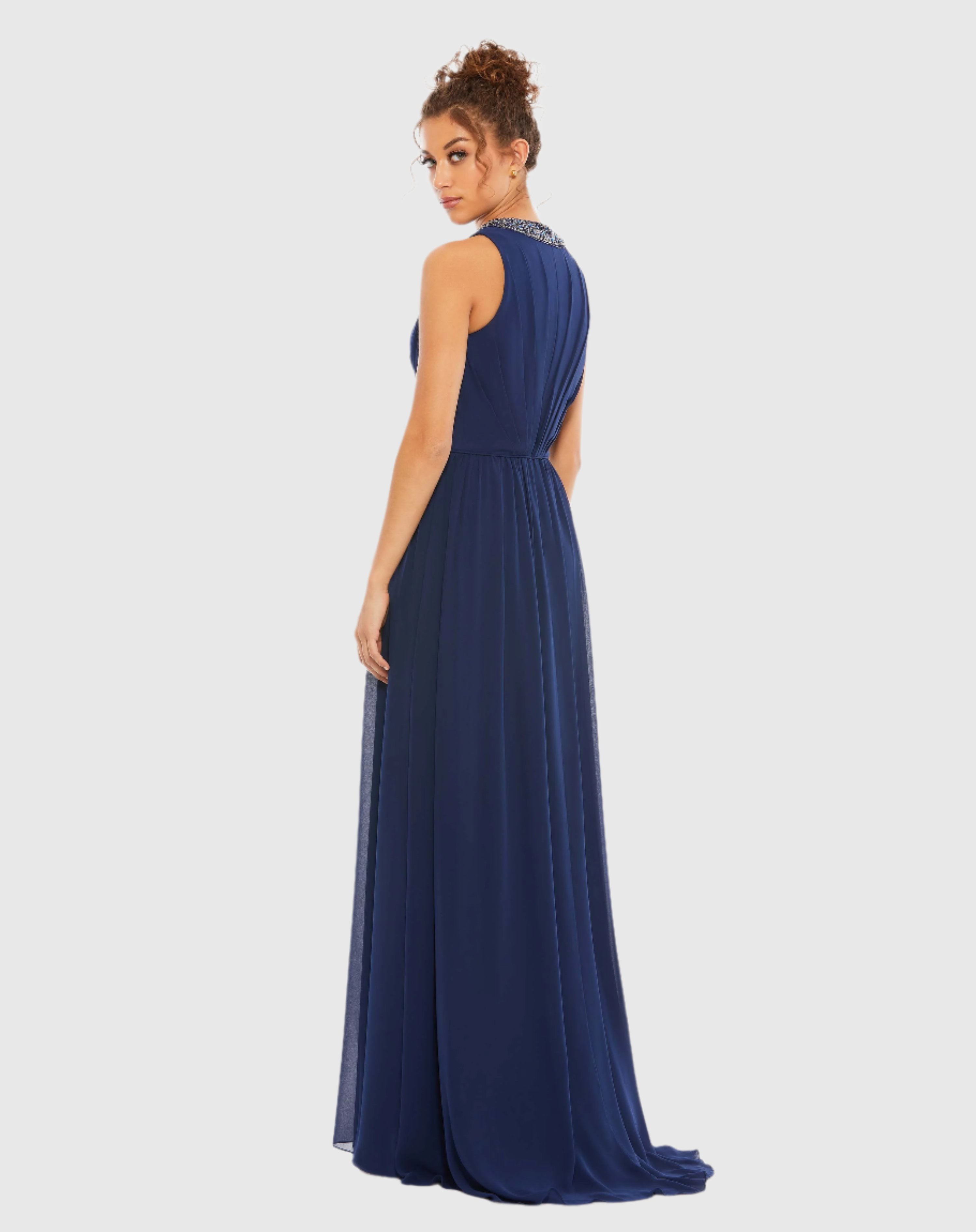 Navy Bejeweled Neckline Pleated Chiffon Gown