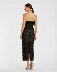 Black Embellished Feather Strapless Column Dress
