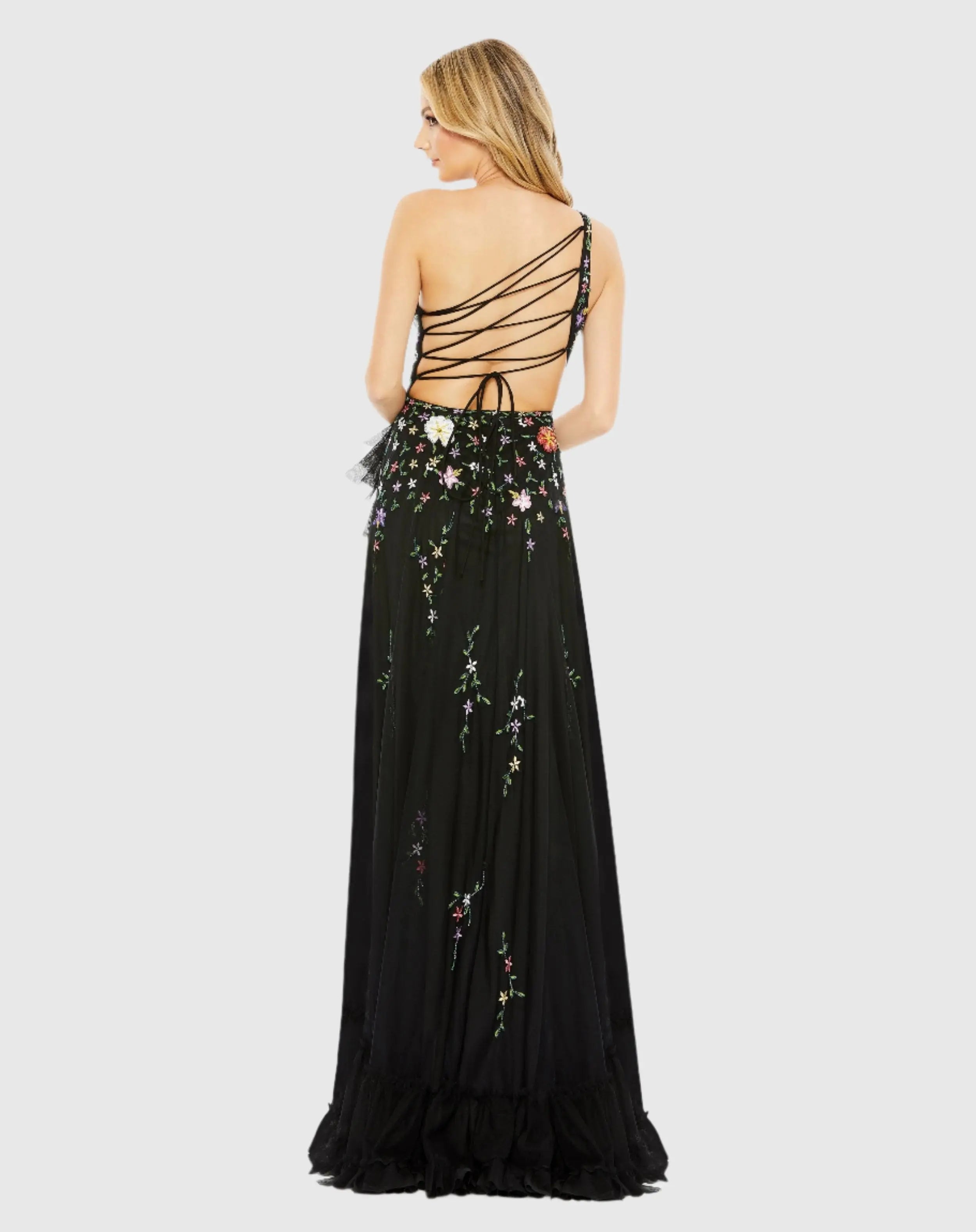 Black Multicolor Embellished One Shoulder Asymmetrical Hem Dress
