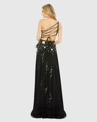 Black Multicolor Embellished One Shoulder Asymmetrical Hem Dress