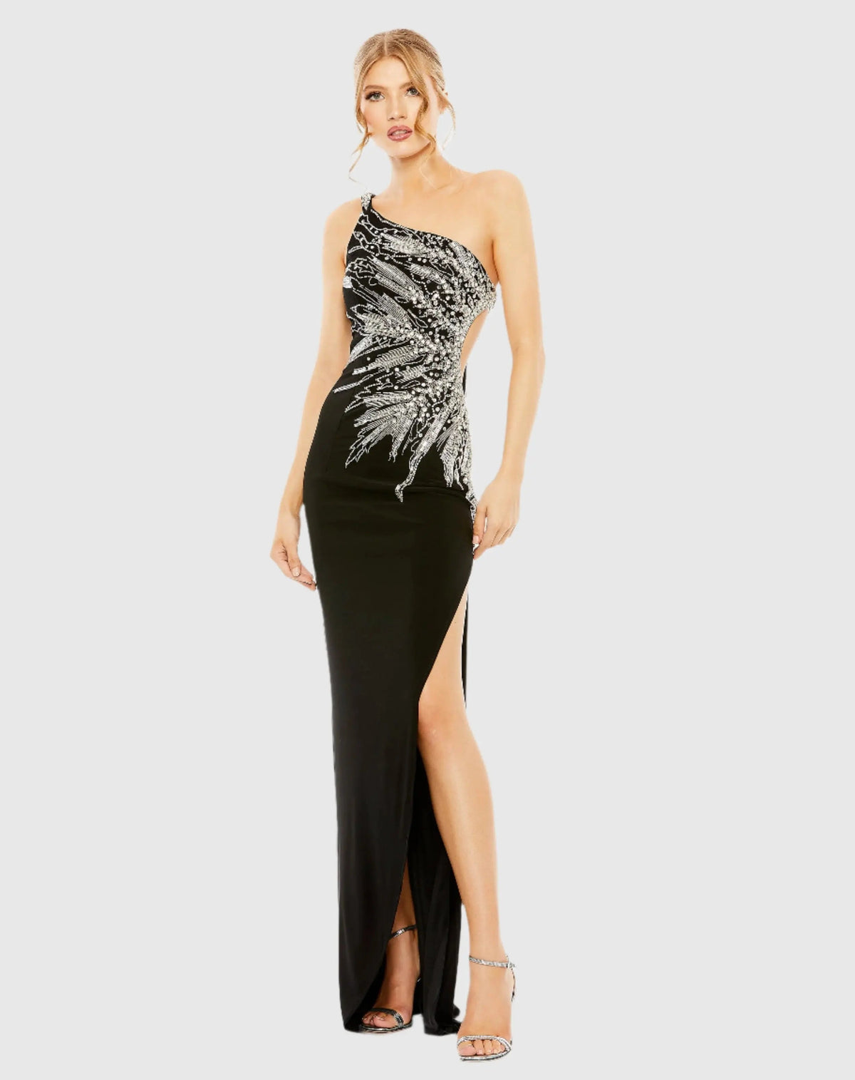 Black One Shoulder Cut Out Embellished Gown