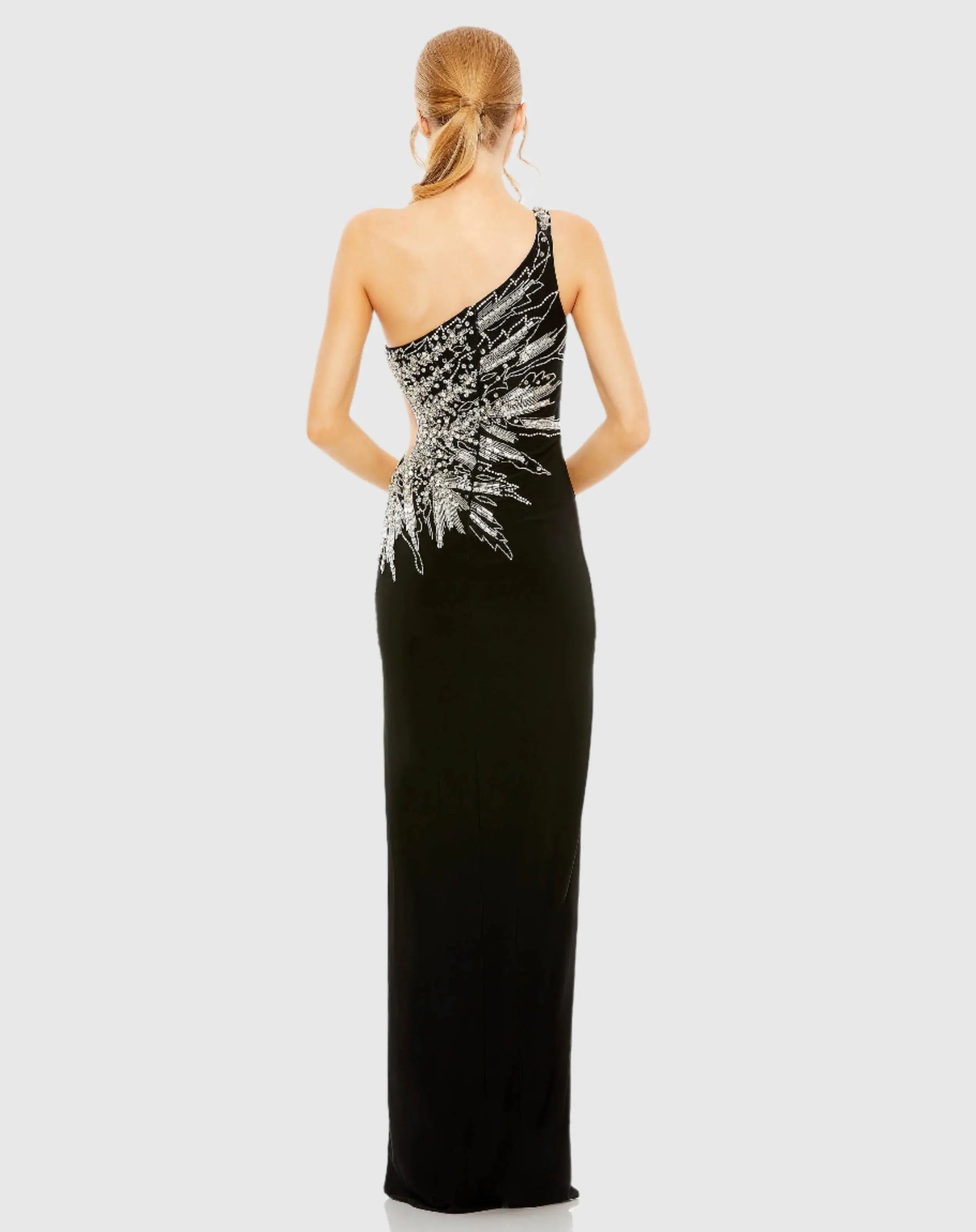 Black One Shoulder Cut Out Embellished Gown