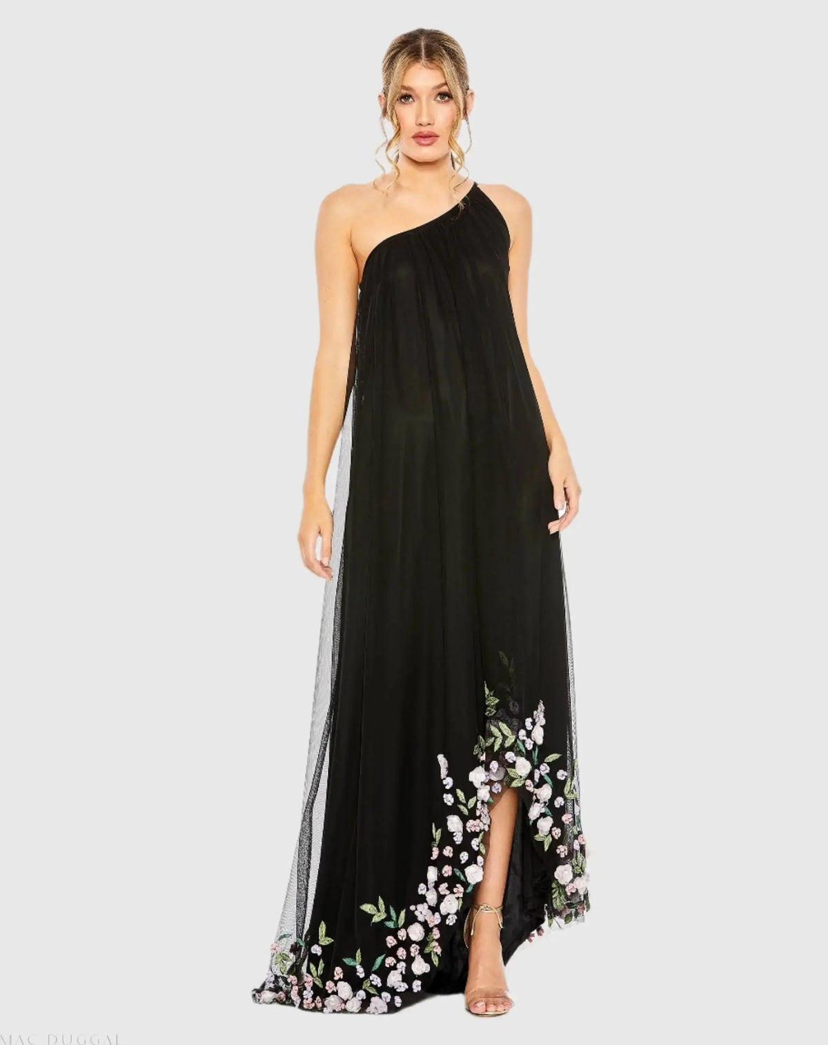 Black One Shoulder Trapeze Embellished High Low Gown