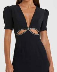 Black Plunge Neck Puff Sleeve Cut Out Gown