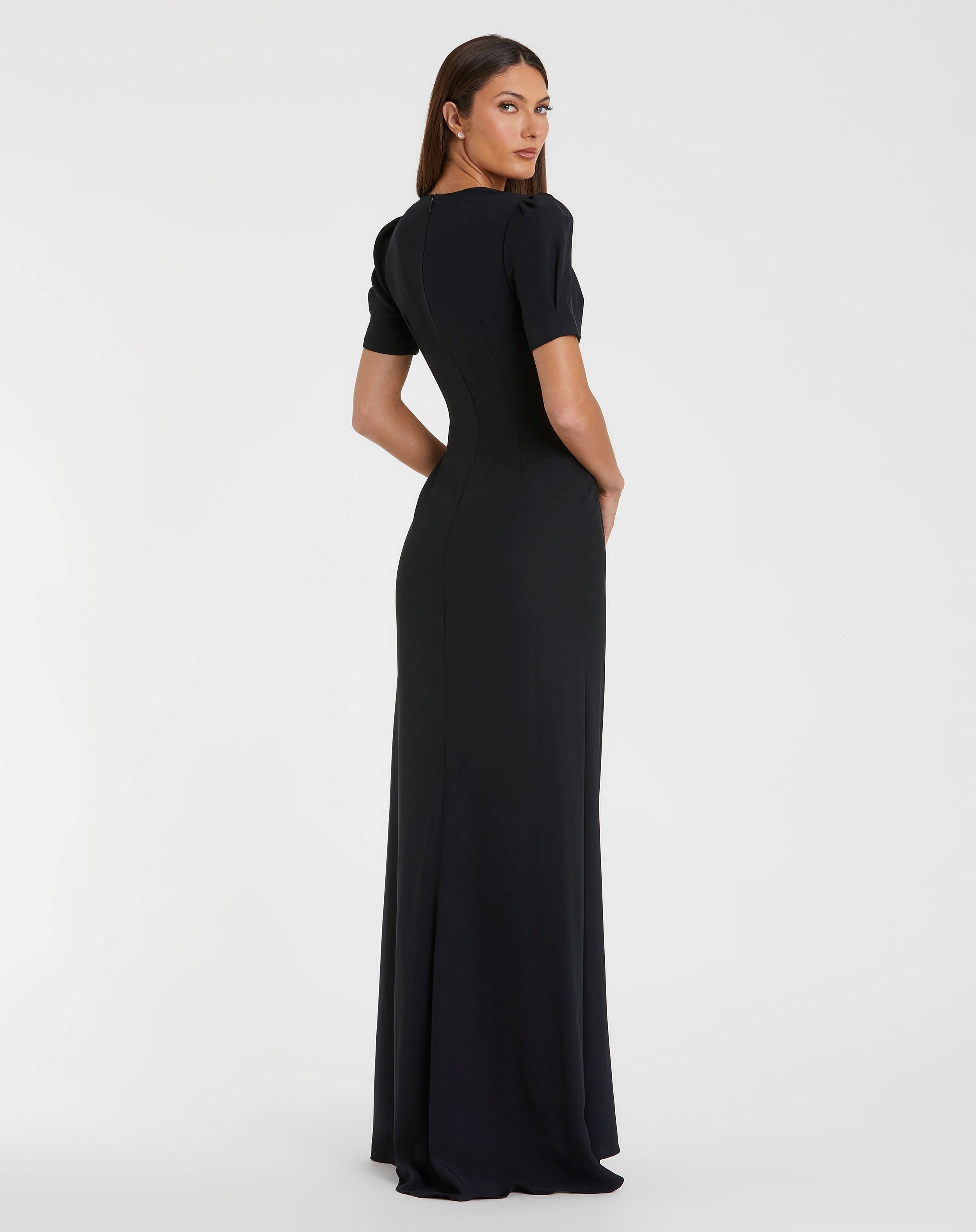 Black Plunge Neck Puff Sleeve Cut Out Gown