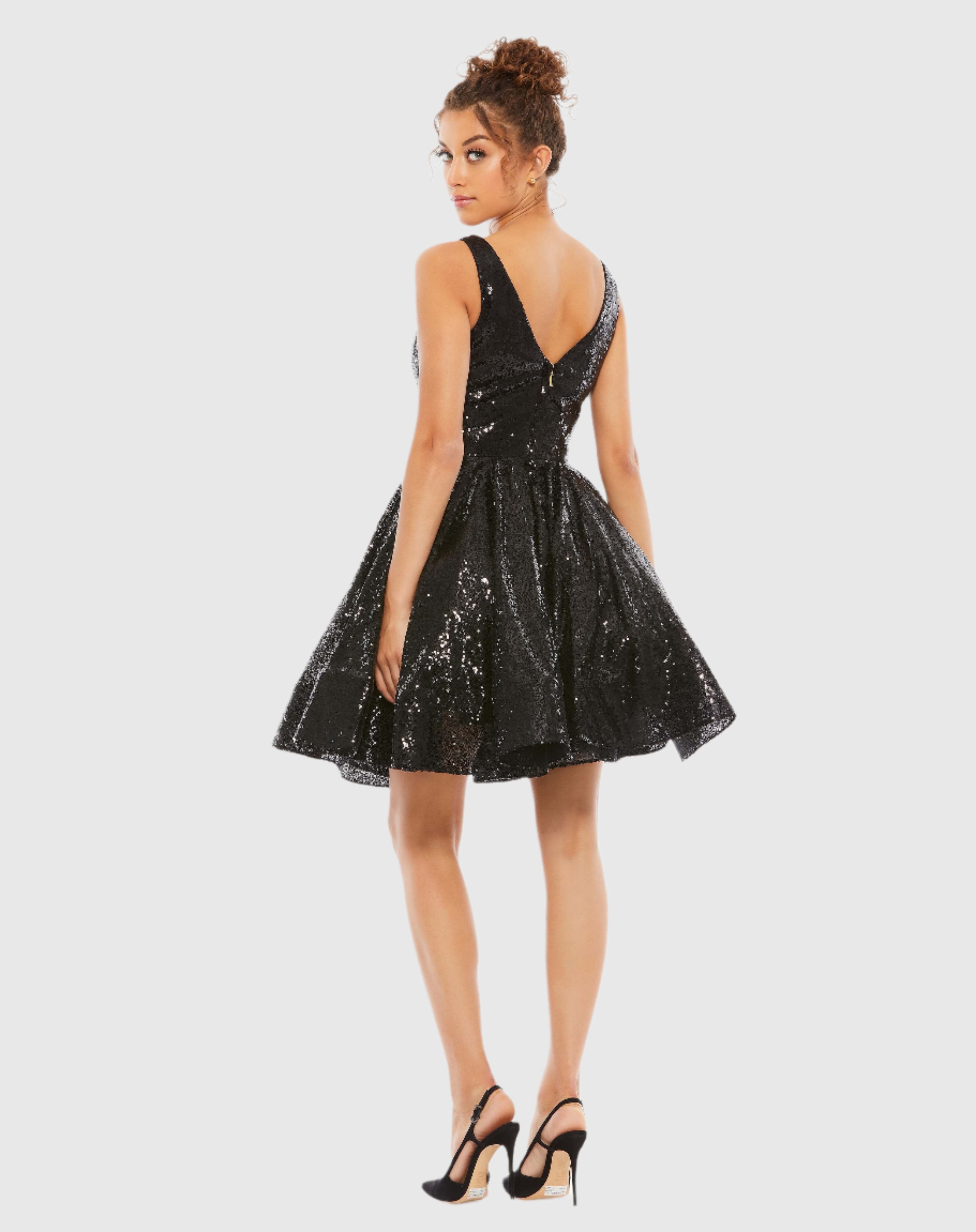 Black Sequin V Neck Fit & Flare Mini Dress