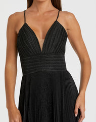Black Shimmer Pleated V-Neck Gown