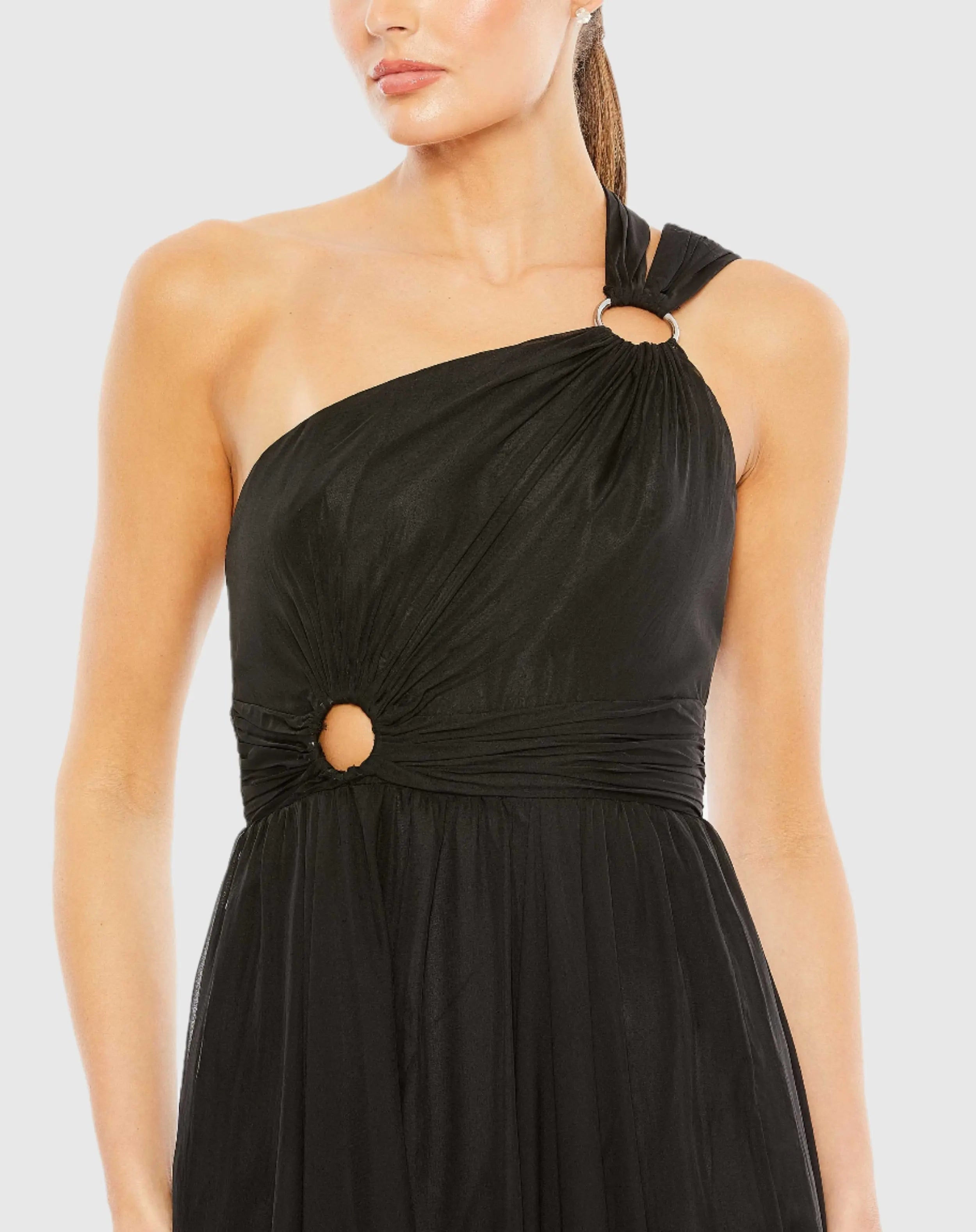 Black Strappy One Shoulder A Line Gown