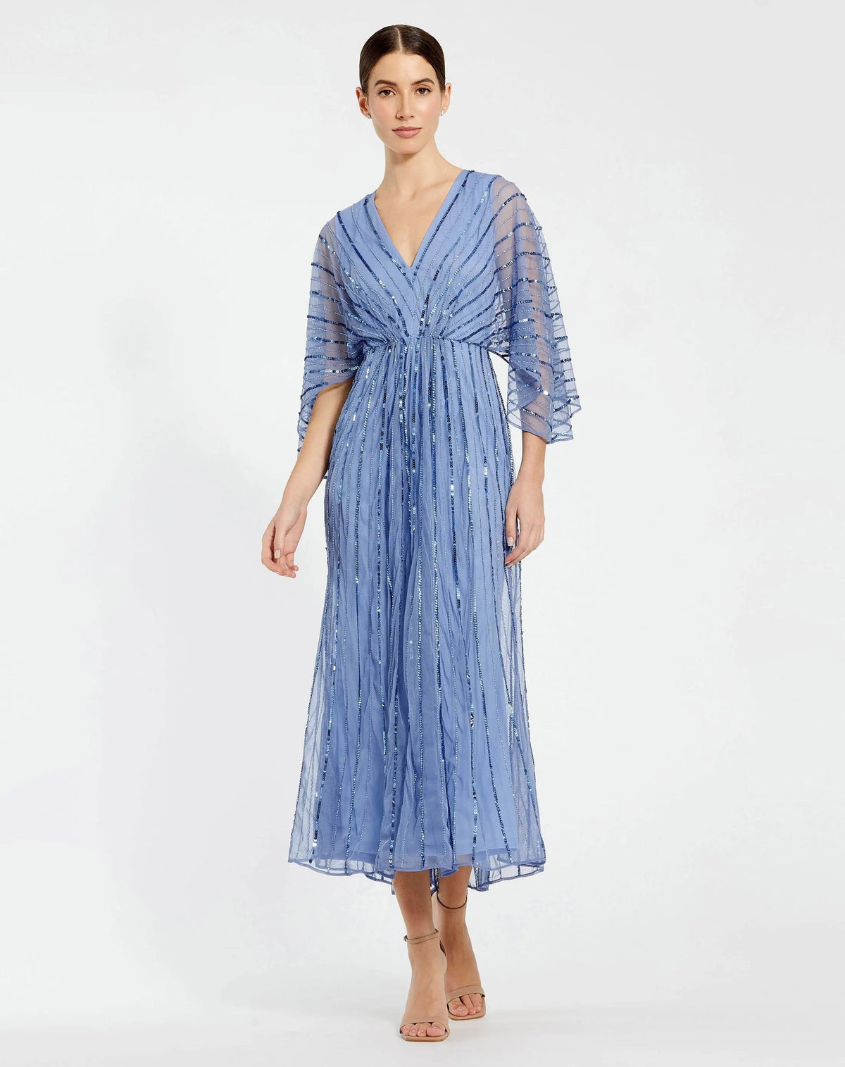 Blue Beaded Kimono V-Neck Empire Midi Dress
