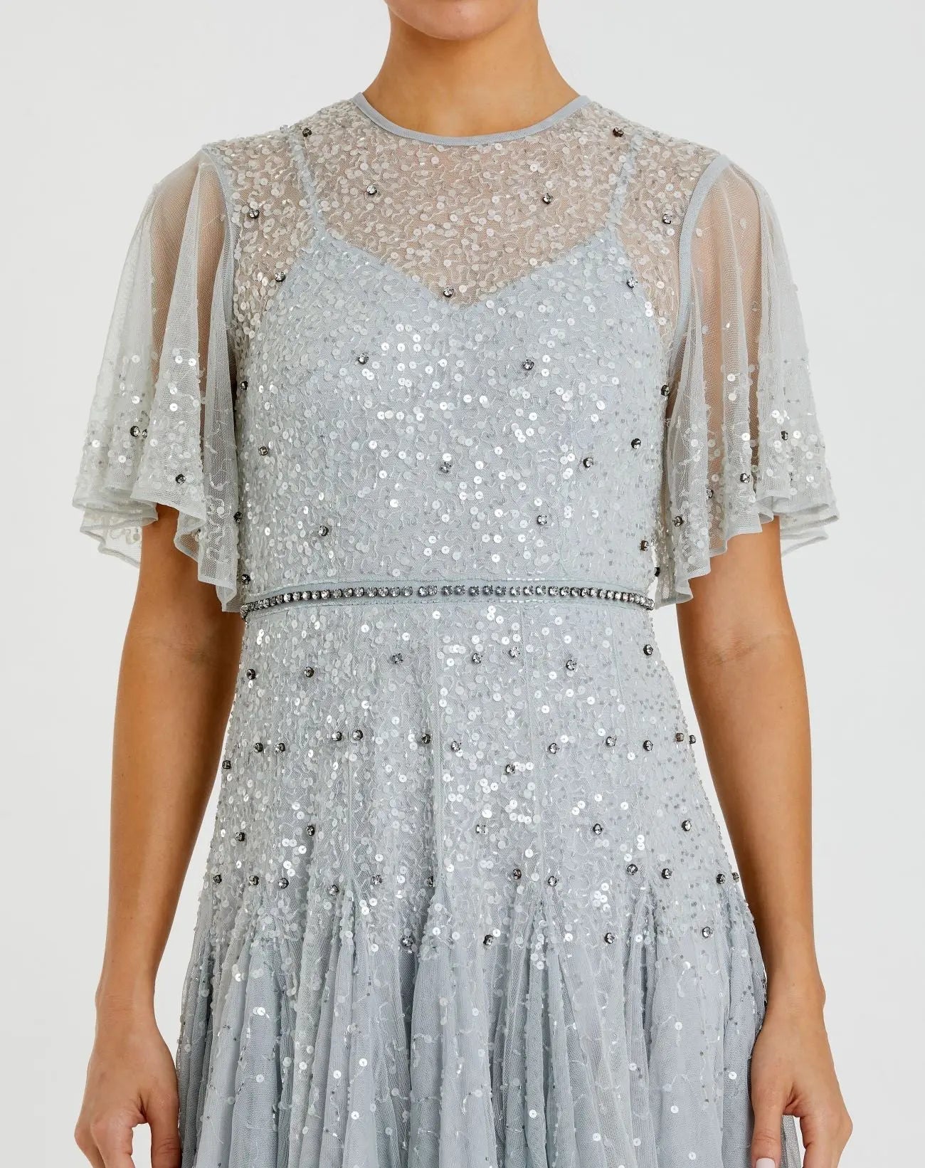 Blue Cape Sleeve Beaded Tea Length A-line Dress