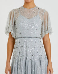 Blue Cape Sleeve Beaded Tea Length A-line Dress