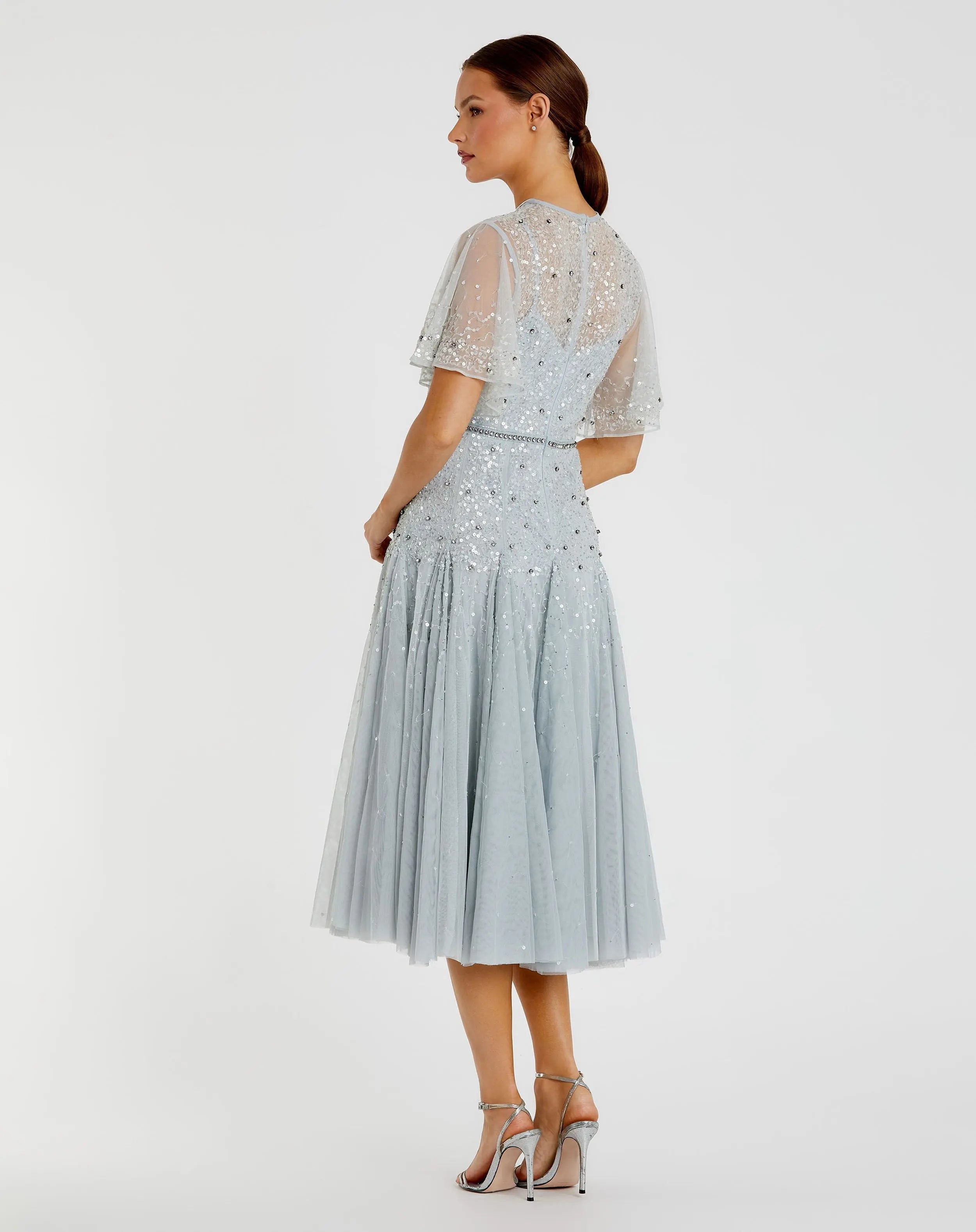 Blue Cape Sleeve Beaded Tea Length A-line Dress