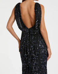 Blue Cowl Back Boat Neck Sequined Evening Gown