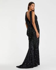 Blue Cowl Back Boat Neck Sequined Evening Gown