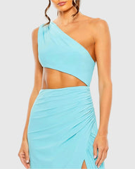 Blue Cut Out One Shoulder Ruched Back Gown