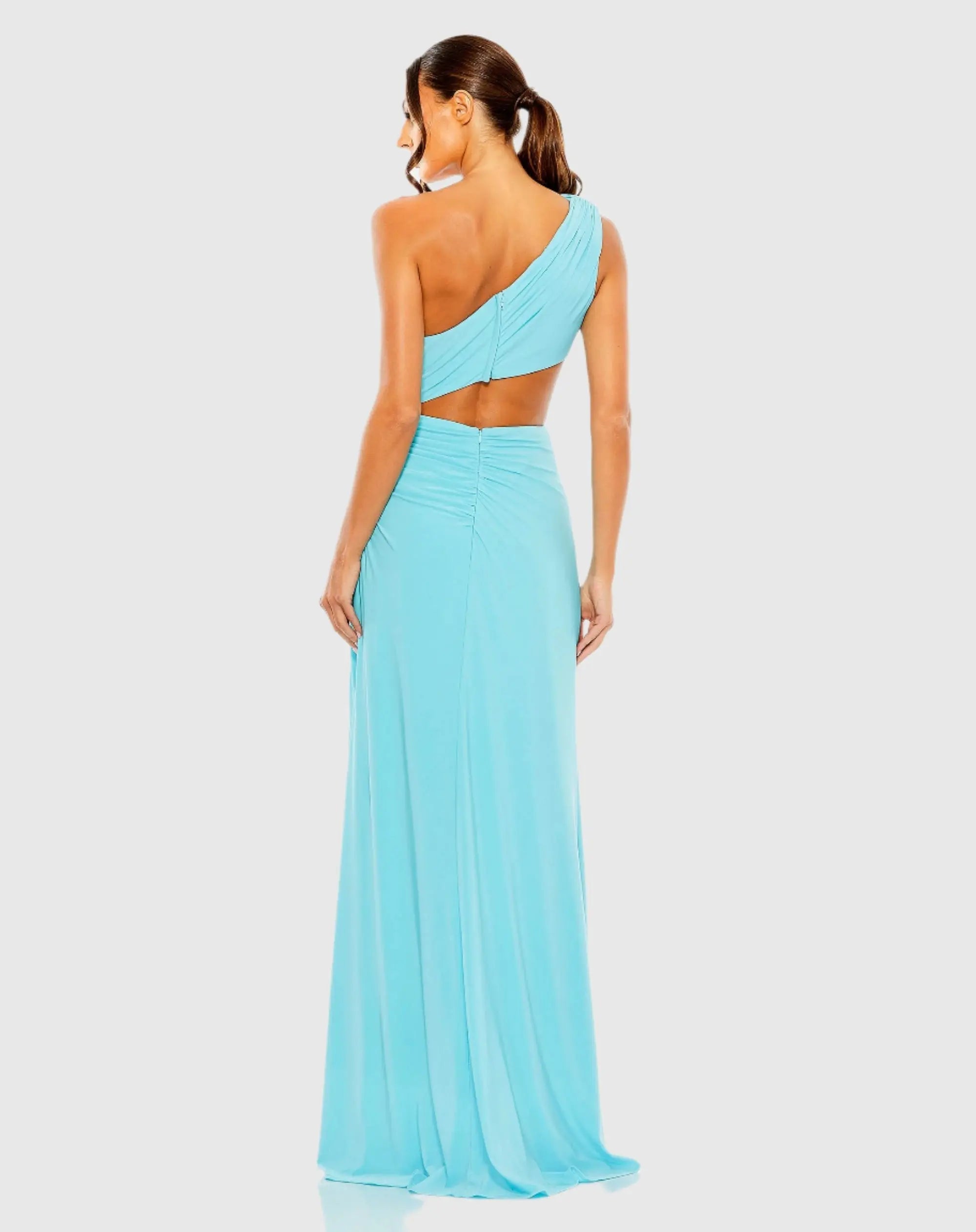 Blue Cut Out One Shoulder Ruched Back Gown