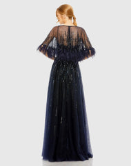 Blue Embellished A Line Gown with Feather Detail Cape