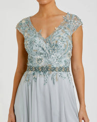Blue Embellished Cap Sleeve Bodice Flowy Gown