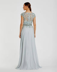 Blue Embellished Cap Sleeve Bodice Flowy Gown