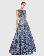Blue Embellished Cap Sleeve High Neck Ballgown