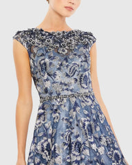 Blue Embellished Cap Sleeve High Neck Ballgown