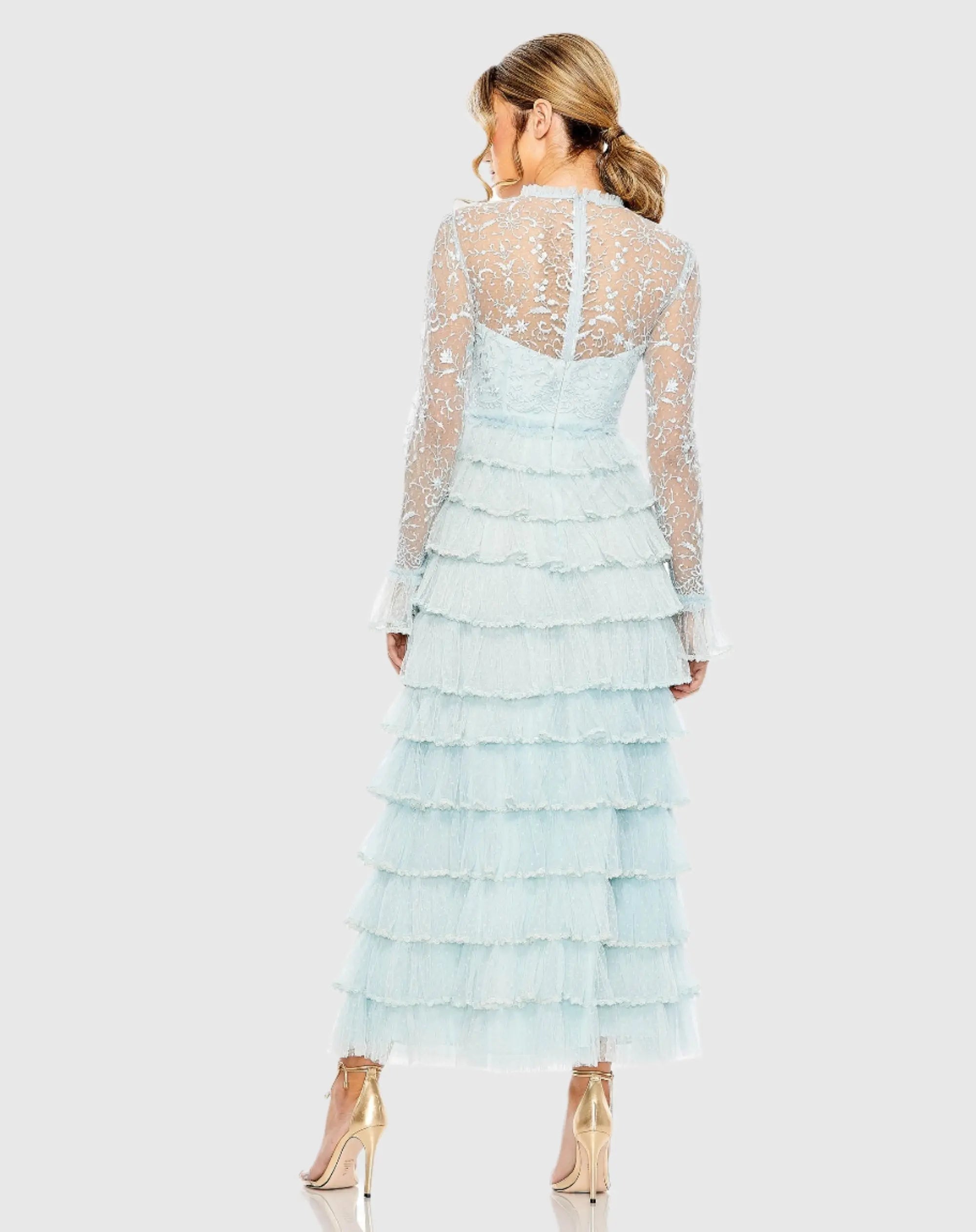 Blue Embroidered Long Sleeve Ruffled Tiered Dress