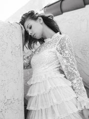 Blue Embroidered Long Sleeve Ruffled Tiered Dress