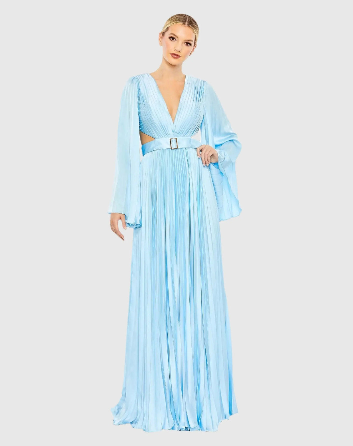 Blue Long Sleeve  Lace up Back Charmeuse Gown