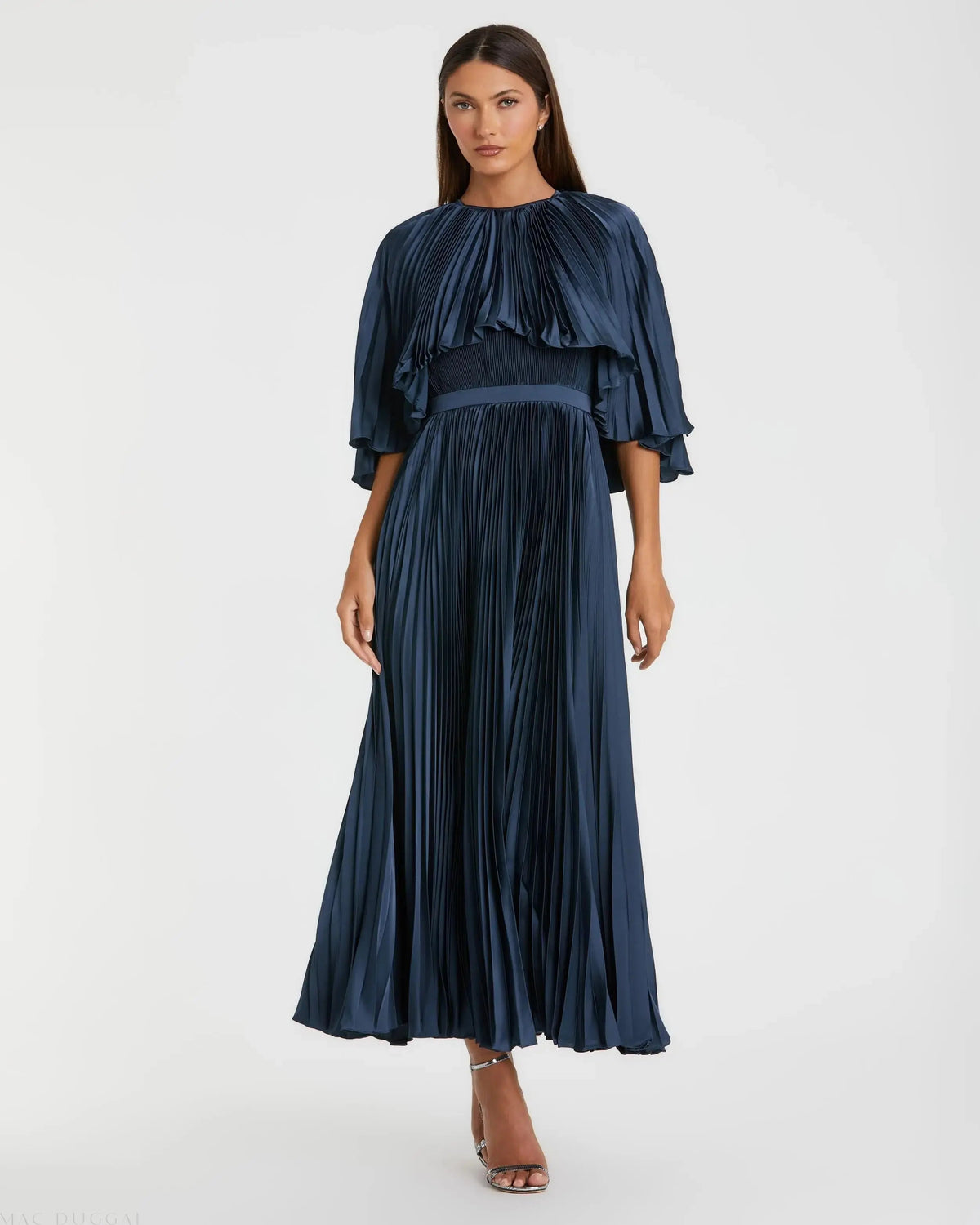 Navy Pleated Caplet Tea-length Dress