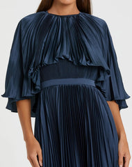 Navy Pleated Caplet Tea-length Dress