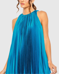 Blue Pleated Halter Neck Flowy Mini Trapeze Dress