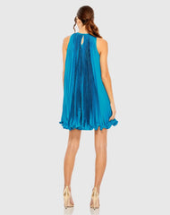 Blue Pleated Halter Neck Flowy Mini Trapeze Dress