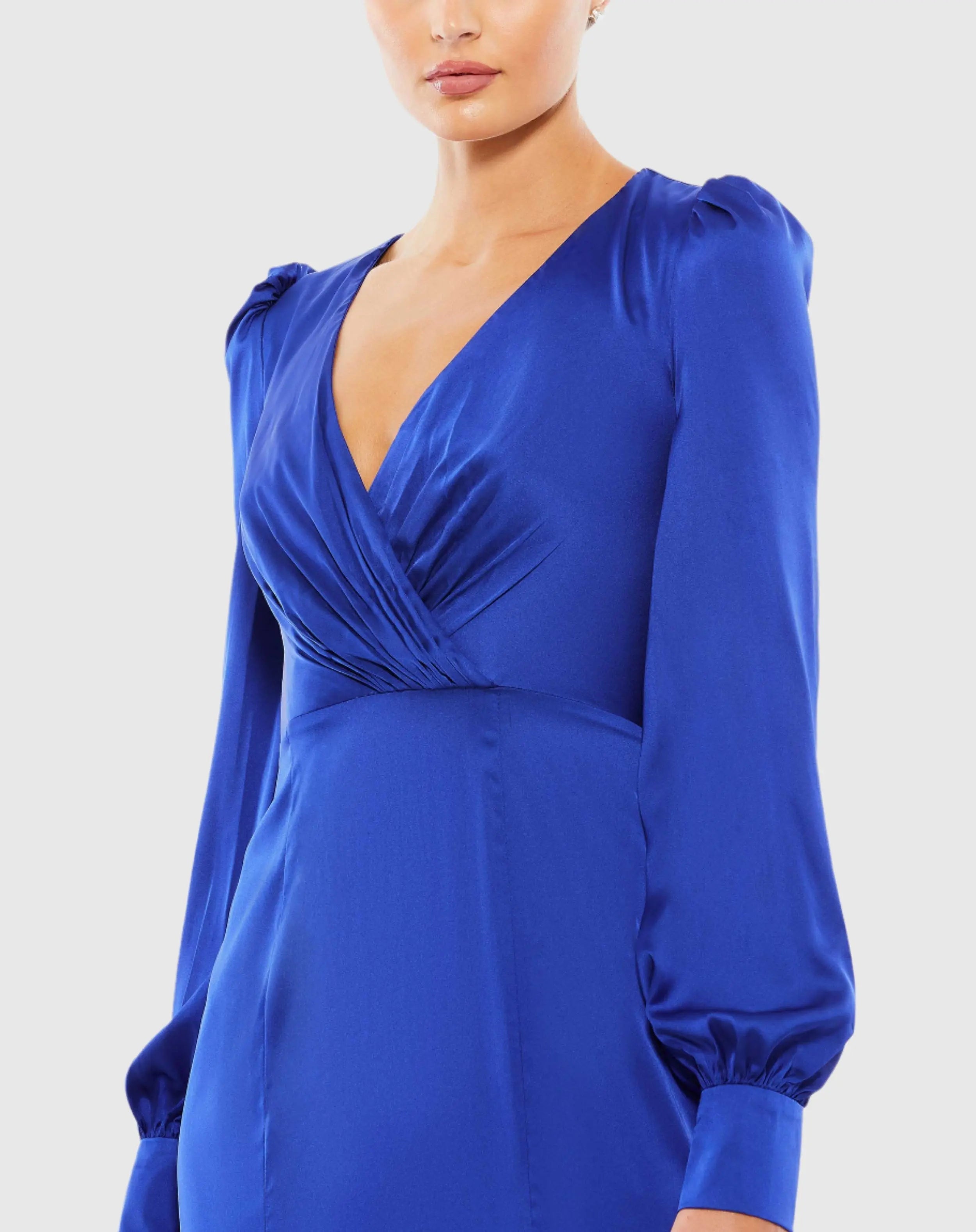 Blue Satin Ruched Bishop Sleeve Gown