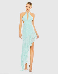 Sequined Halter Cut Out Ruffle Asymmetrical Dress