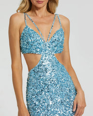 Blue Thin Strap Cut Out Evening Gown With Ombre Sequins