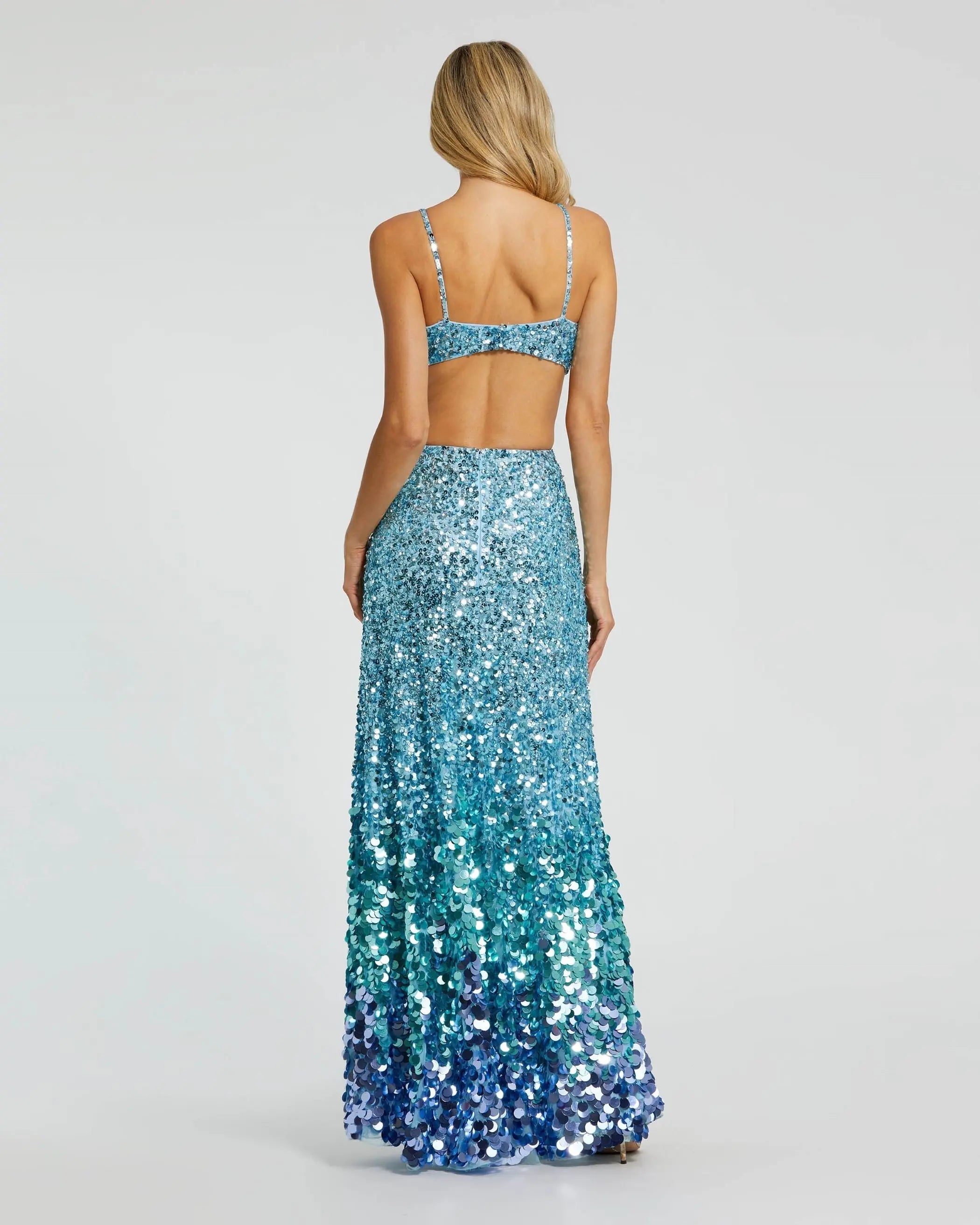 Blue Thin Strap Cut Out Evening Gown With Ombre Sequins