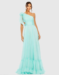 Blue Tiered One Shoulder Ruched Gown