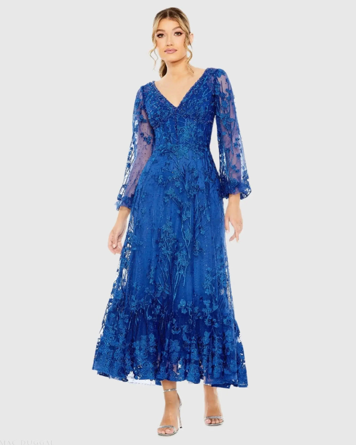 Blue V-Neck Embroidered A-line Tea Length Dress