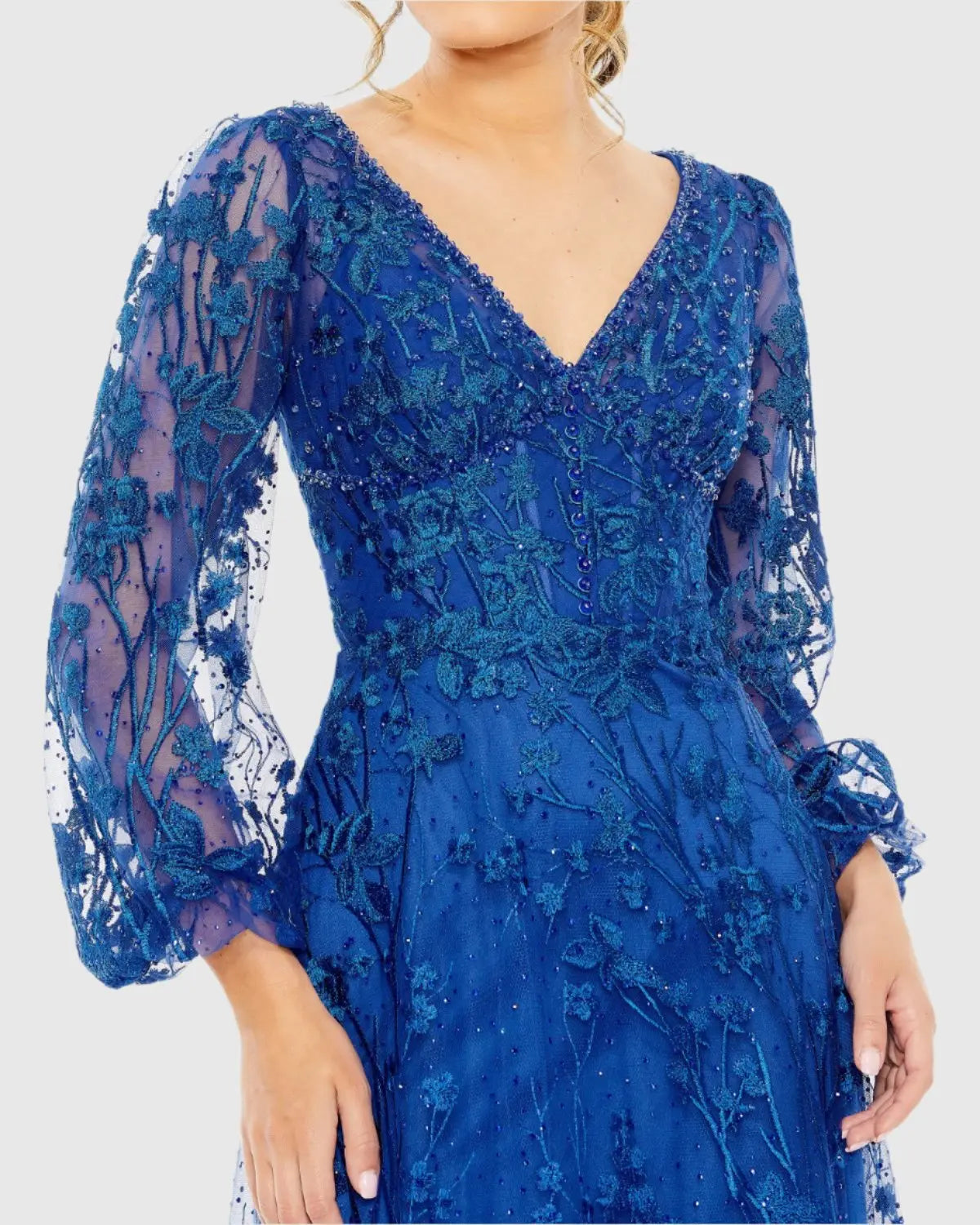 Blue V-Neck Embroidered A-line Tea Length Dress