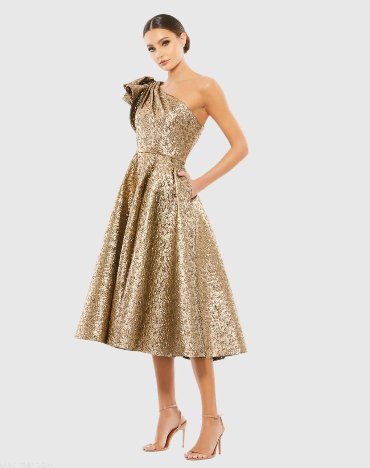 Gold One Shoulder Bow Midi Dress