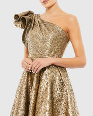 Gold One Shoulder Bow Midi Dress