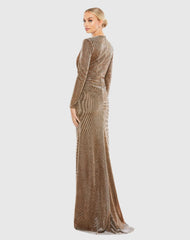 Brown Front Twist V Neck Long Sleeve Gown