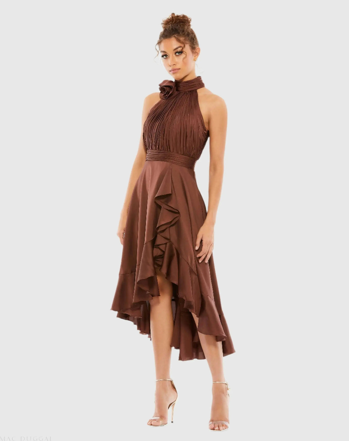 Brown Halter Neck Flower Detail Ruffled Midi Dress