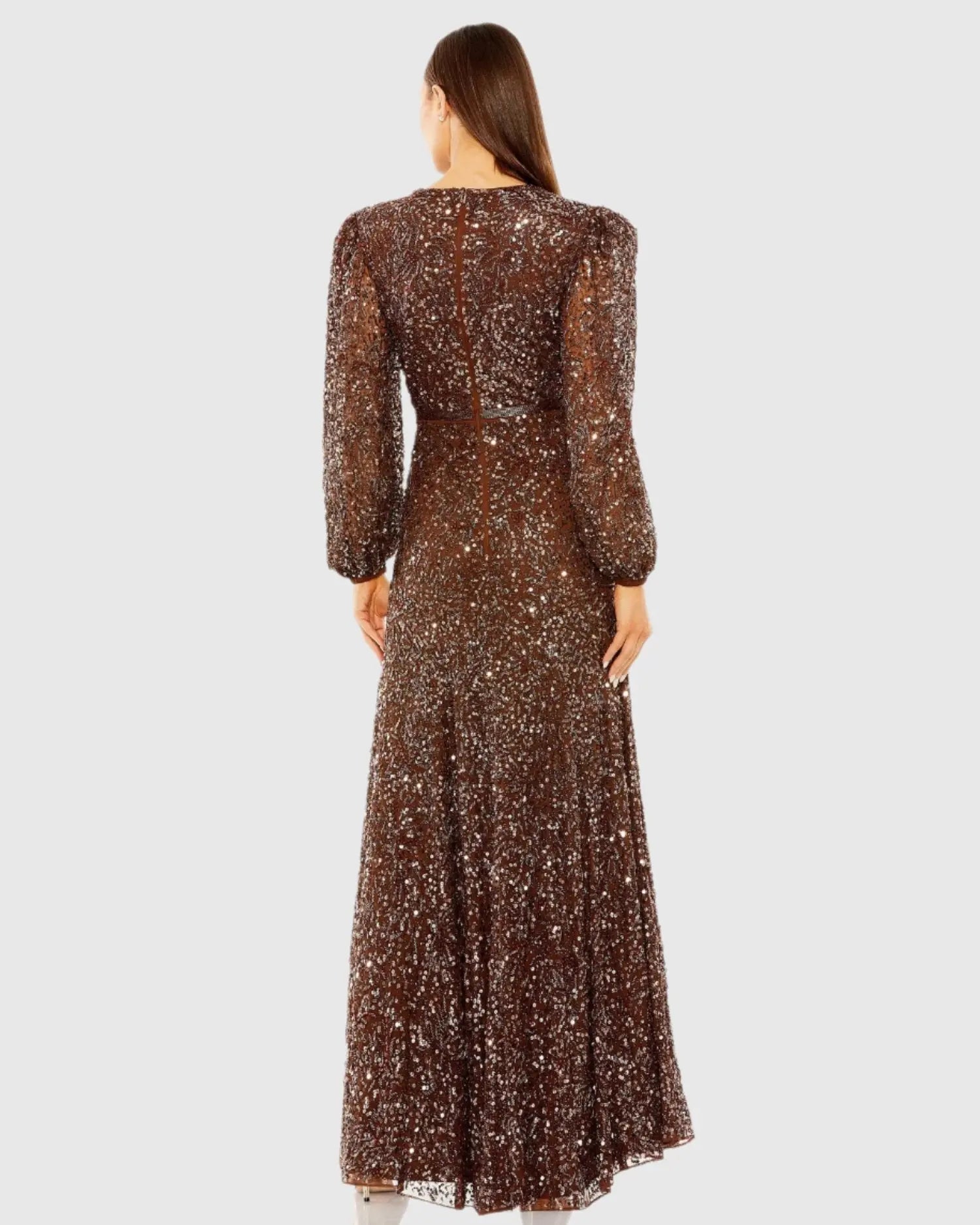 Brown Sheer Long Sleeve Beaded Gown
