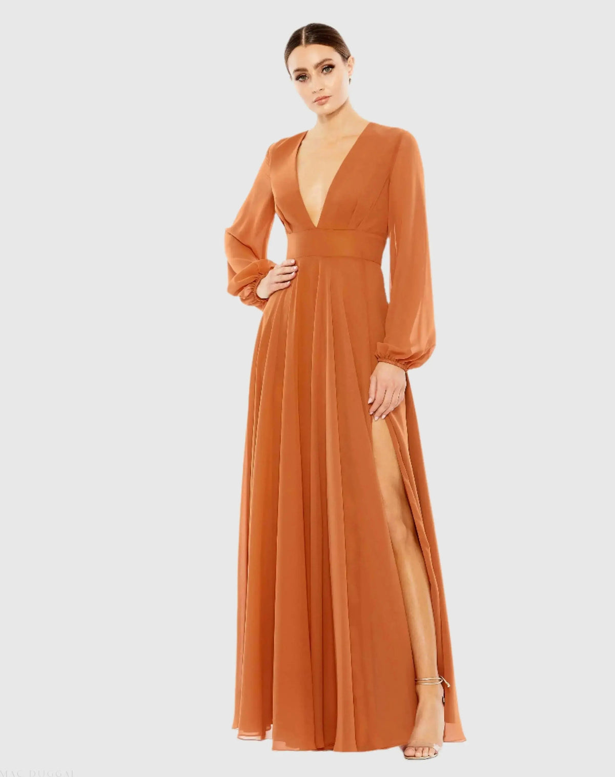 Brown V-Neck Illusion Long Sleeve Chiffon Gown