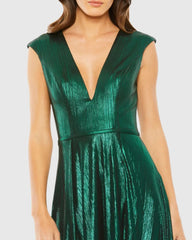 Green Cap Sleeve Deep V Neck High Slit Metallic Gown