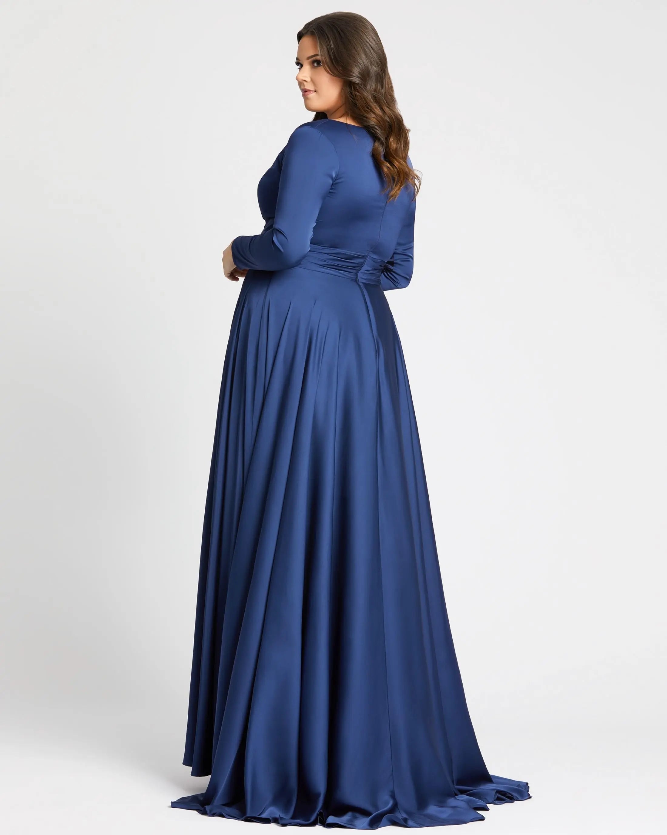 Navy Satin Long Sleeve Evening Gown (Plus)