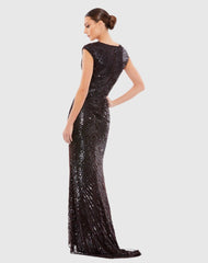 Brown and Black Embellished Cap Sleeve Evening Gown