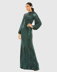 Green Disco Stretch Blouson Sleeve Gown