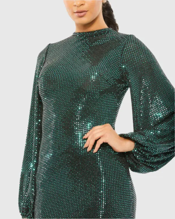 Green Disco Stretch Blouson Sleeve Gown